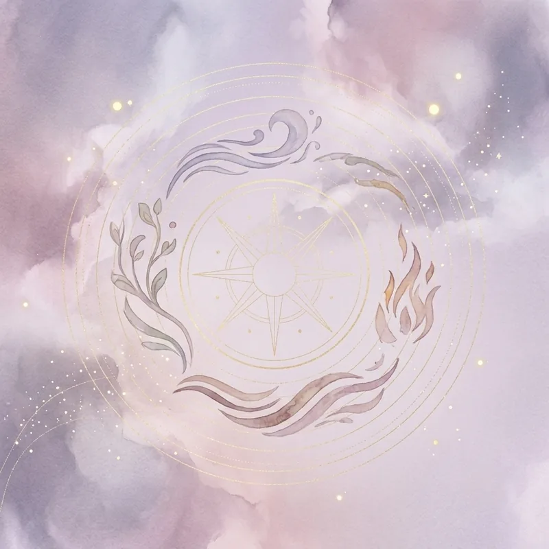 A celestial compass surrounded by the five energies of the East