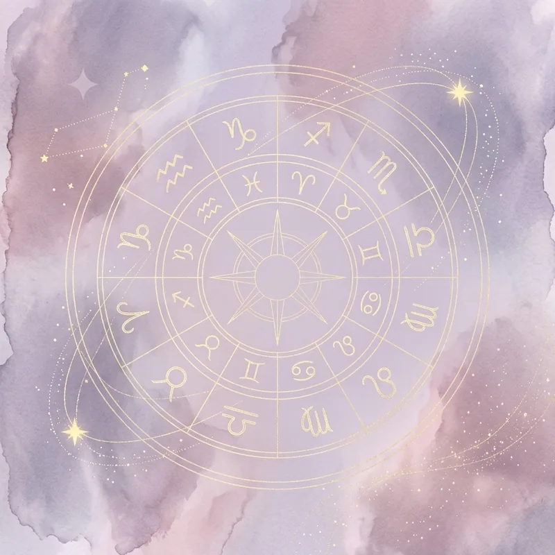 A golden zodiac wheel floating over watercolor clouds