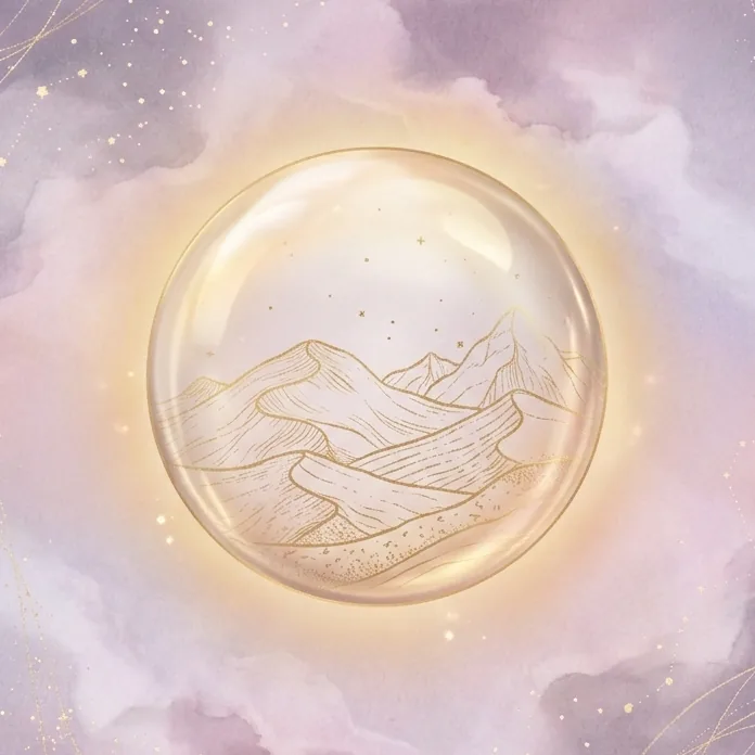 A glass orb with sand dunes and a golden mountain: the Earth energy