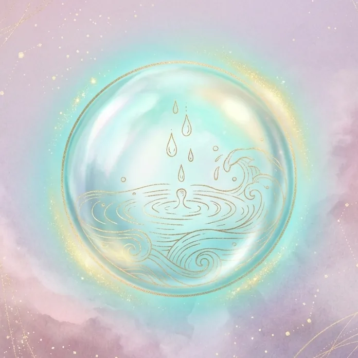 A glass orb with ripples and a falling droplet: the Water energy