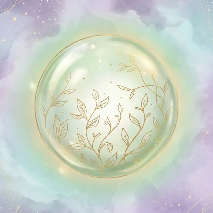 A glass orb with green leaves and a curling vine: the Wood energy