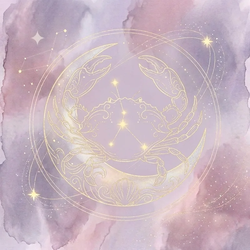 The Cancer constellation with a crab shell cradling a crescent moon
